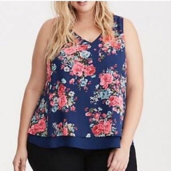 torrid Tops - Torrid Floral Print Blue & Pink Chiffon Layered Tank Blouse Top Size 1X